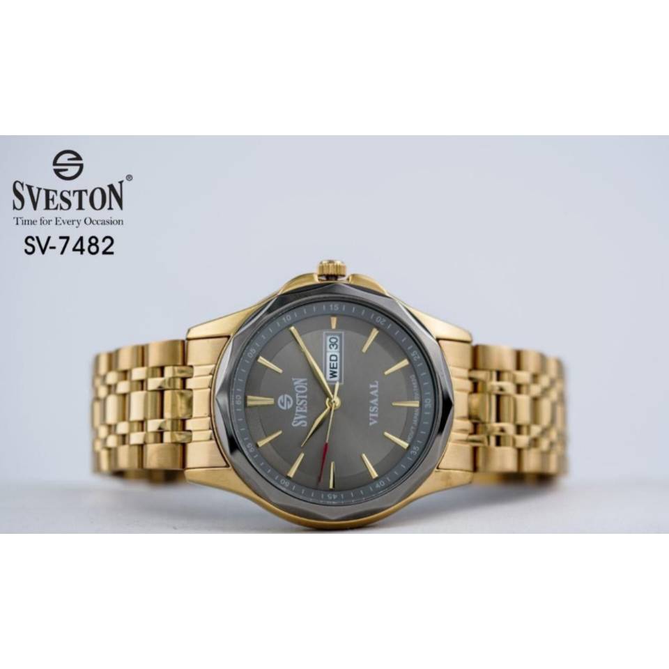 ساعت مردانه سوستون sv 7482 صفحه طوسی بند طلایی