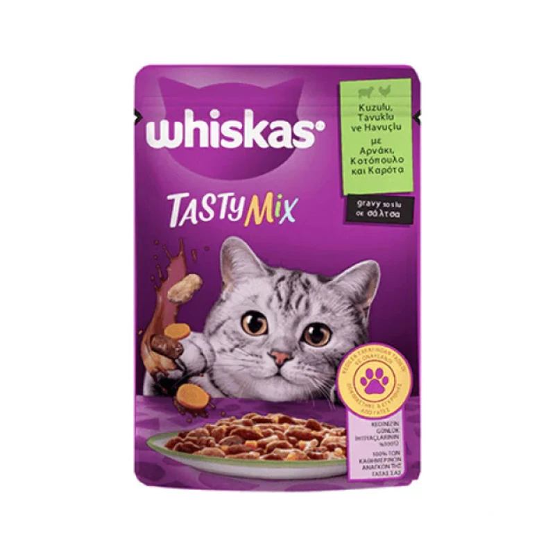 پوچ گربه بالغ ویسکاس بره و مرغ و هویج Whiskas Tasty Mix With Lamb and Chicken and Carrots وزن 85 گرم