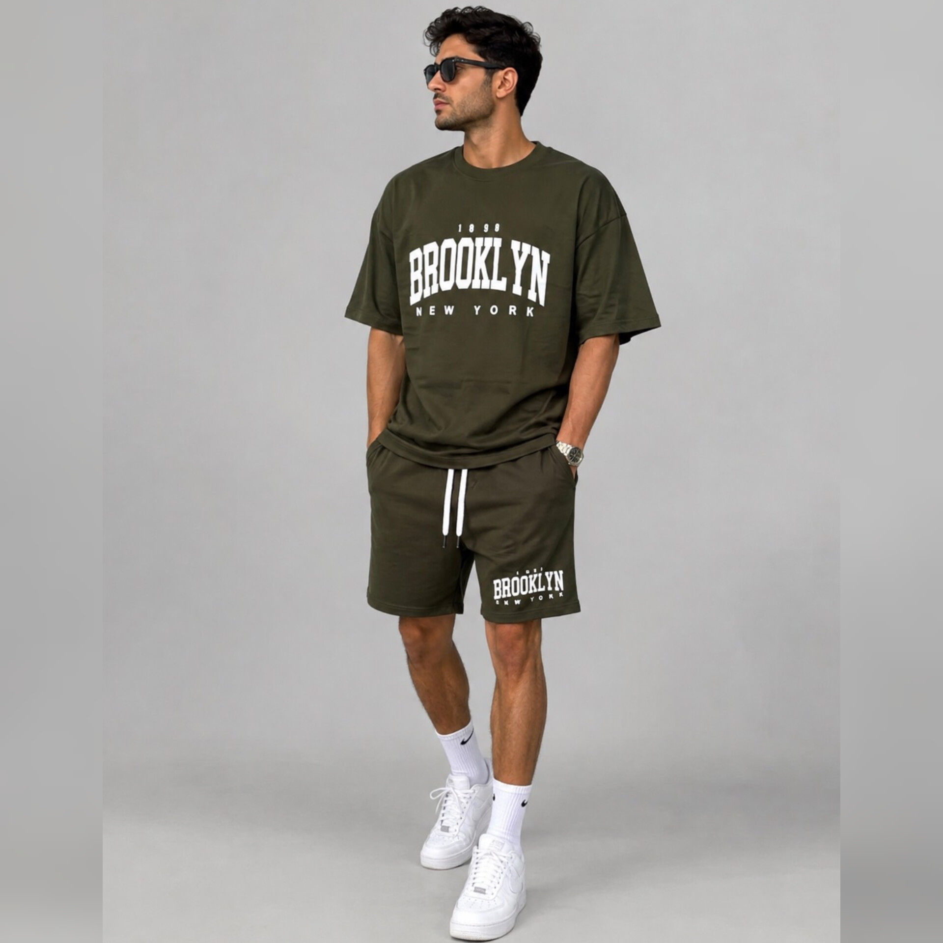 ست تیشرت شلوارک مردانهBROOKLYN|بوتیک ماموت - سبز تیره, XXL
