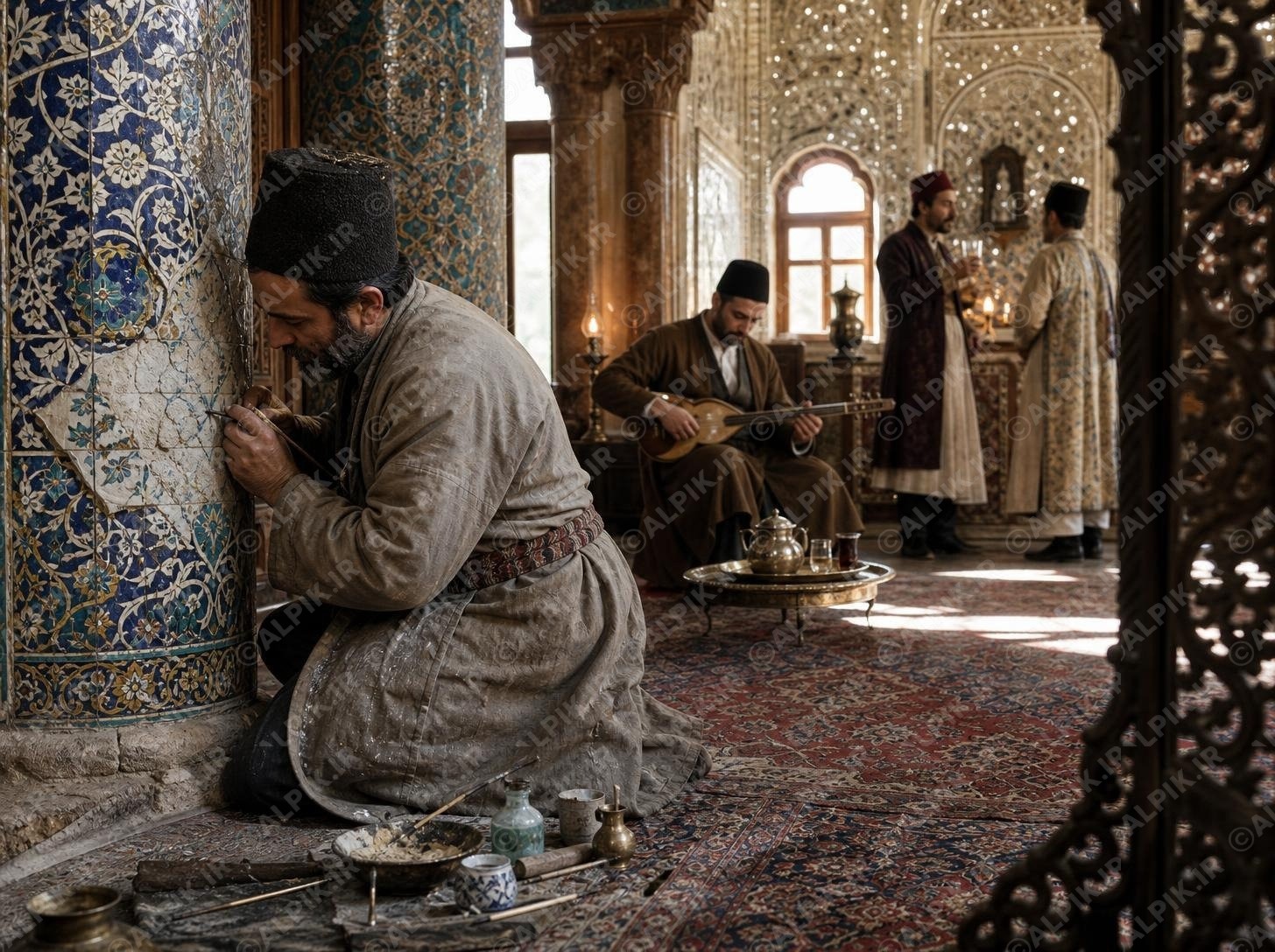 مرمت کاشی‌کاری در عمارت قاجاری