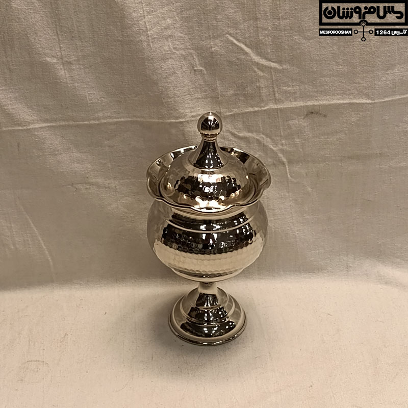 قندان مسی چکشی گرد آبکاری کروم تک پایه خمره ای در دار مدل صبا