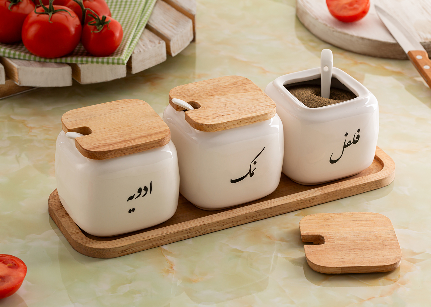 ست ادويه سراميكي درب چوب يونيك EV استايل