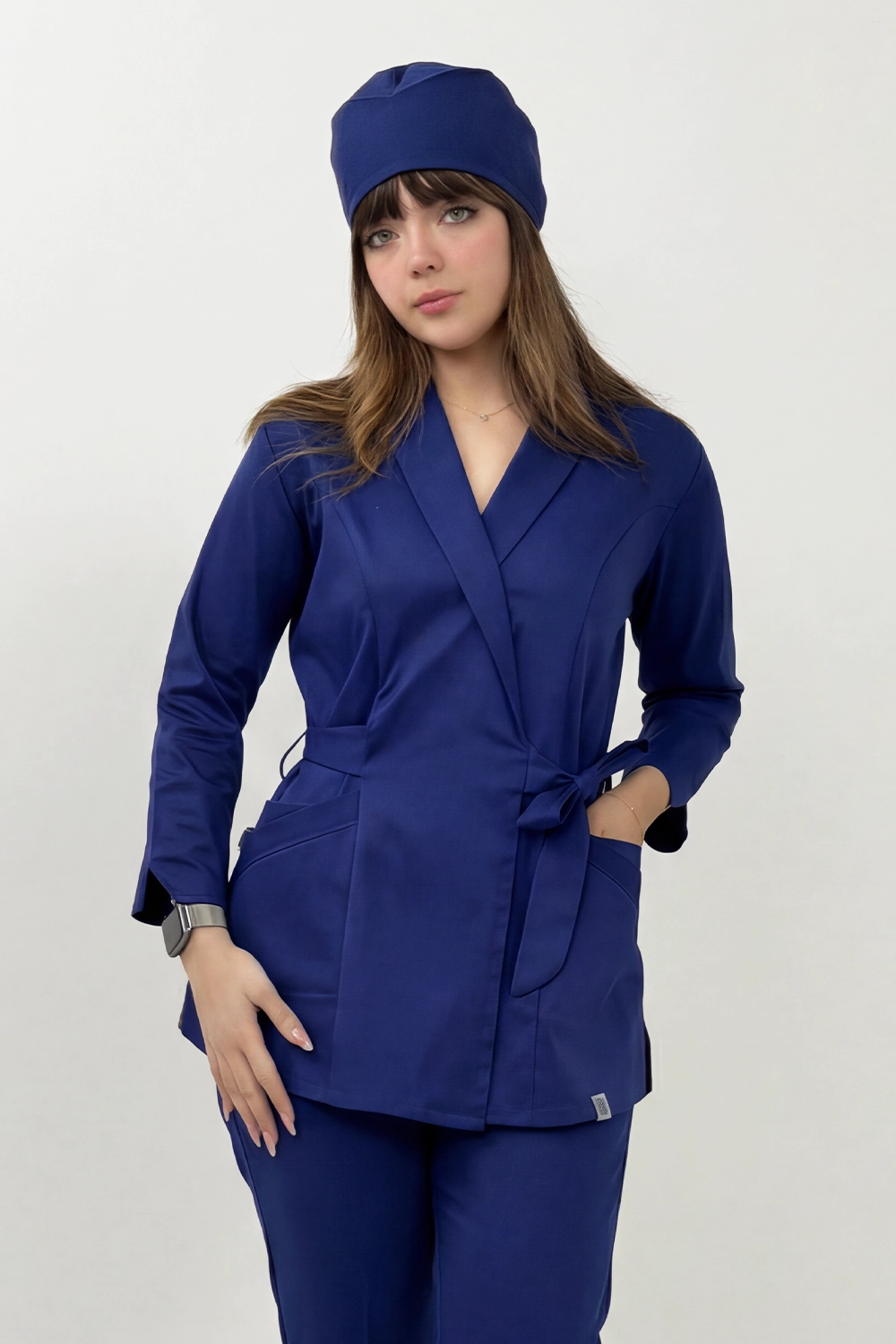 اسکراب زنانه کشی یقه آرشال آبی کاربنی