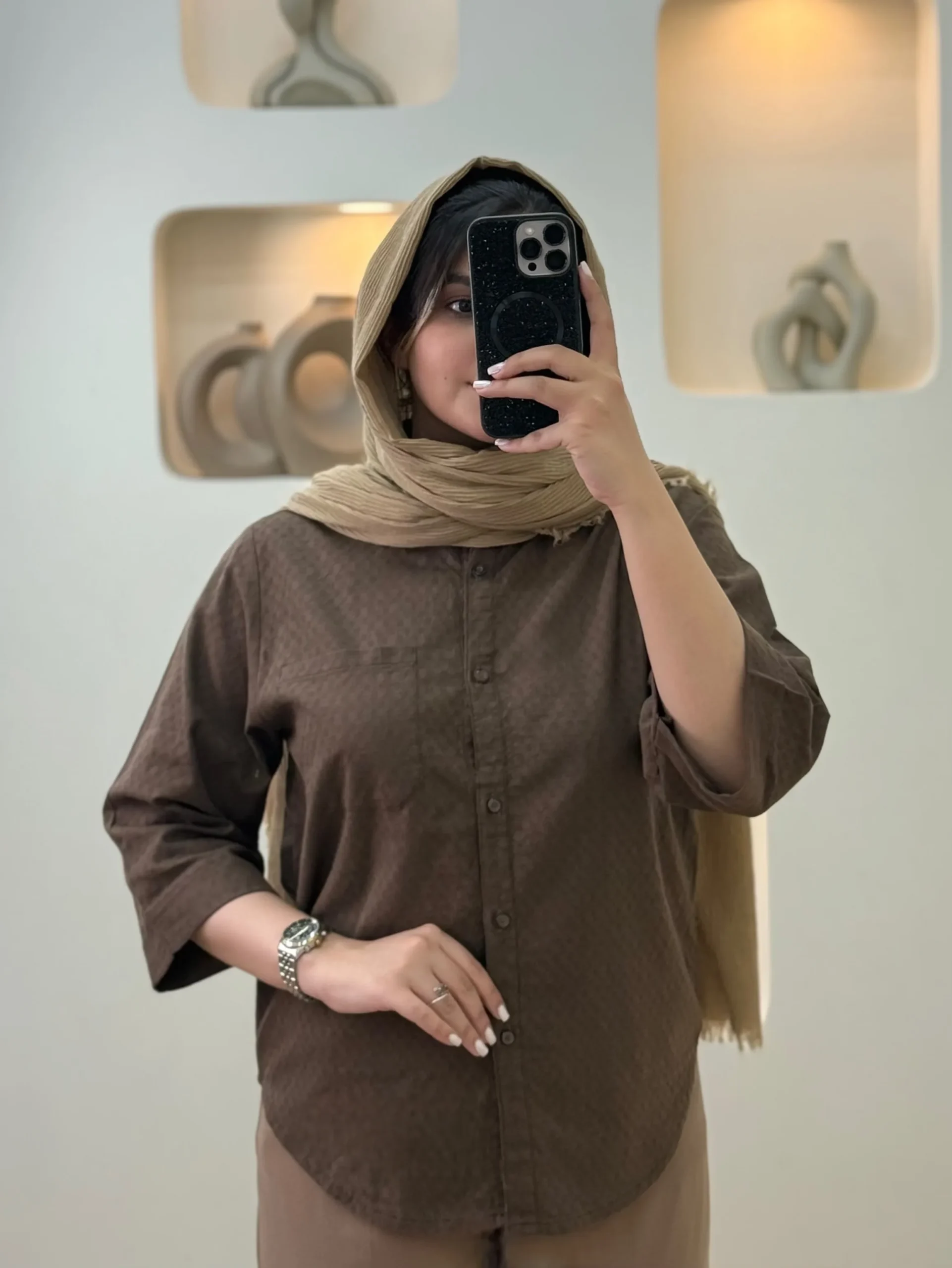 شومیز لینن زنبوری-4466 - قهوه ای