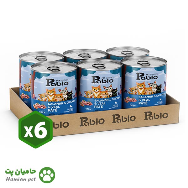 بسته ۶ عددی کنسرو گربه پابلو پته طعم مرغ، سالمون و گوشت گوساله ۸۰۰ گرم