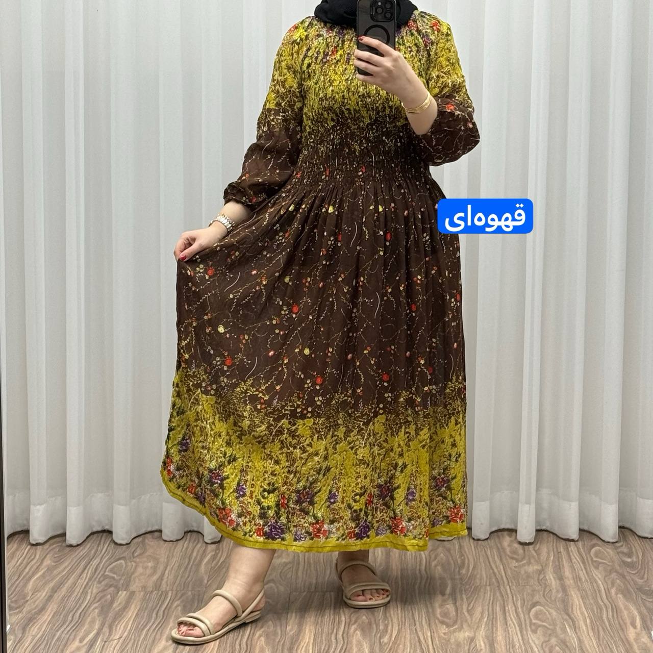 پیراهن کریشه دو رنگ گلریز - قهوهای