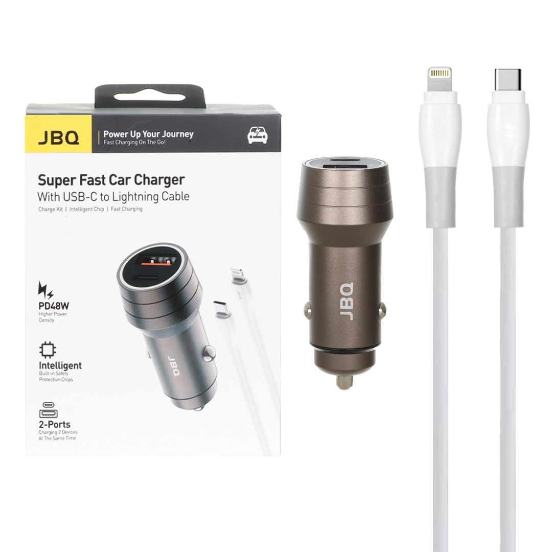 شارژر فندکی PD و فست دو پورت JBQ مدل C458534 48W به همراه کابل شارژ Type-C To Lightning - قهوه ای