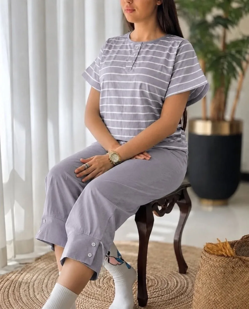 ست تیشرت شلوارک برمودا زنانه راه راه - طوسی