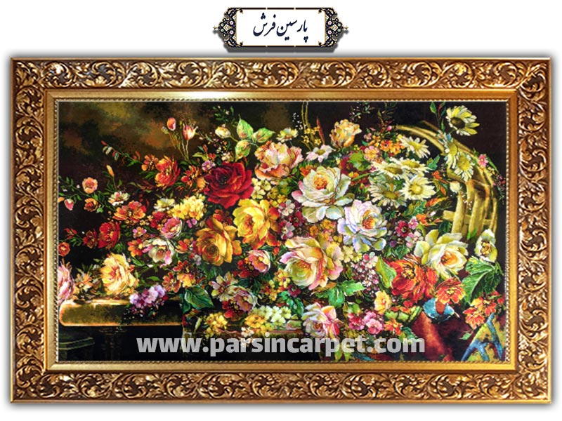 تابلو فرش دستباف طرح سبد گل ریخته - کد TG1401