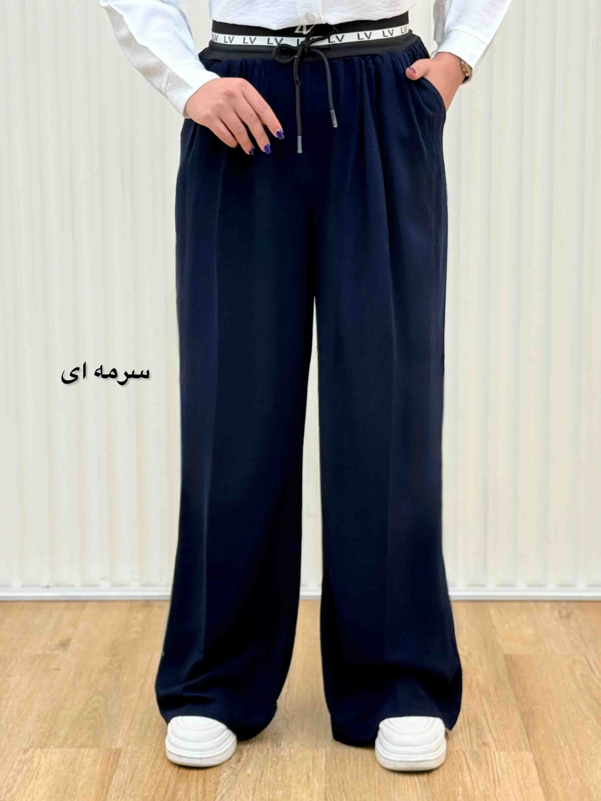 شلوار لینن زارا کمرکش-6013 - سورمه‌ای