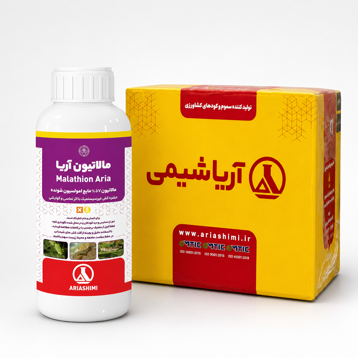 حشره کش مالاتیون ۵۷ درصد آریاشیمی – بطری ۱ لیتری (فروش عمده – کارتن ۱۲ عددی)
