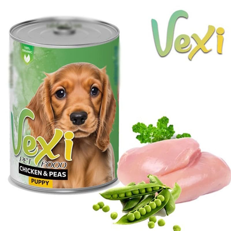 کنسرو غذای توله سگ «وکسی Vexi» پته با طعم مرغ و نخود فرنگی (400 گرم)