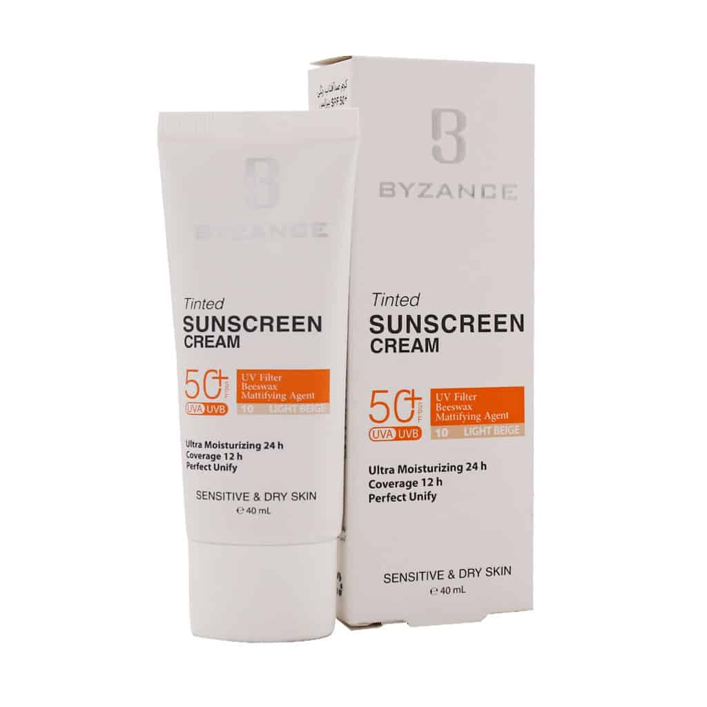کرم ضد آفتاب +SPF50 مناسب پوست خشک و حساس رنگ بژ روشن بیزانس 40 میلی لیتر