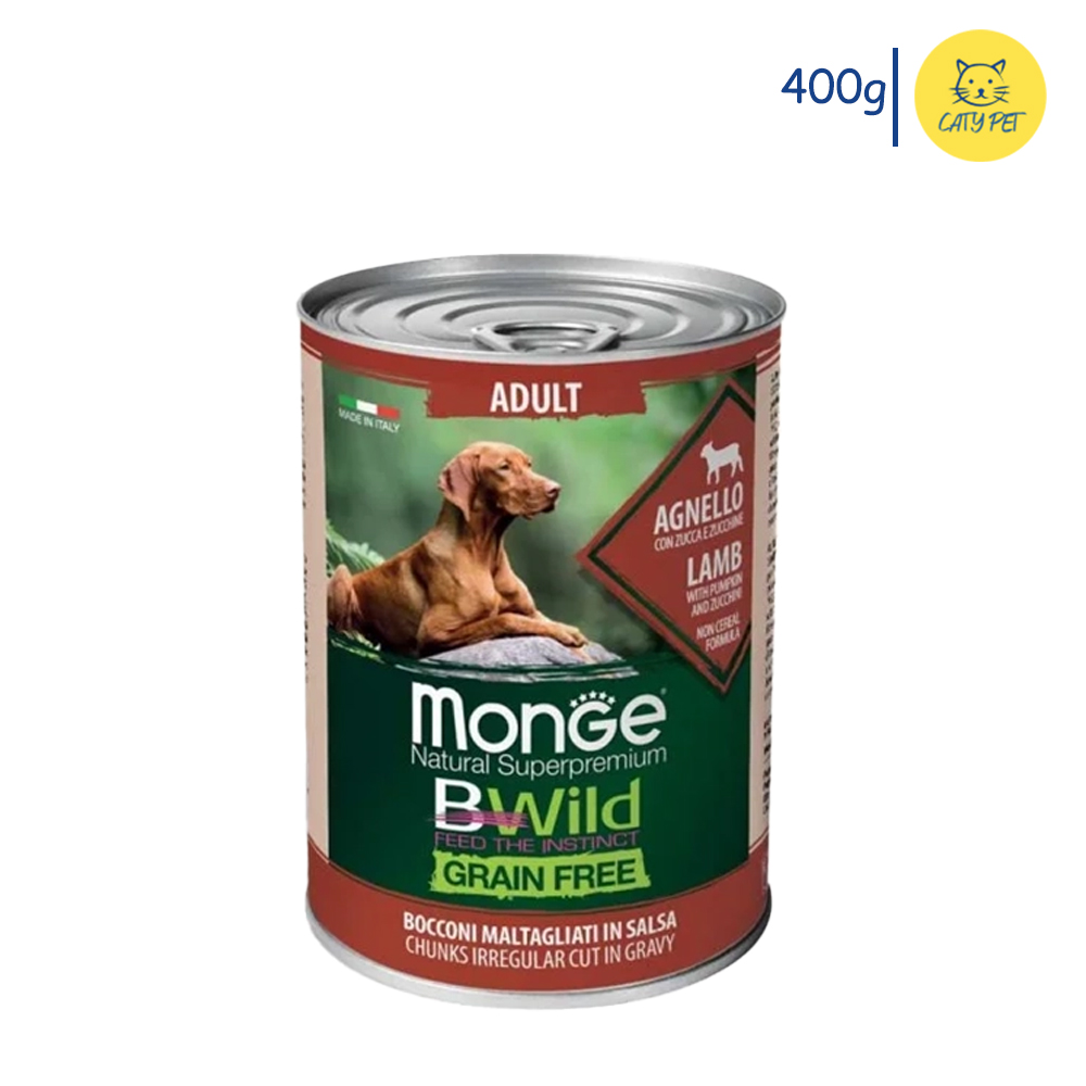 کنسرو سگ بالغ مونژه Monge Bwild Grain Free بدون غلات طعم بره، کدو حلوایی و کدو سبز وزن 400 گرم