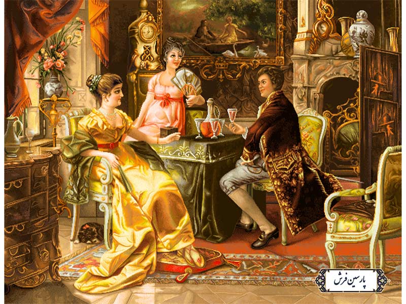 نخ و نقشه تابلو فرش طرح مجلس شراب - کد NF2348