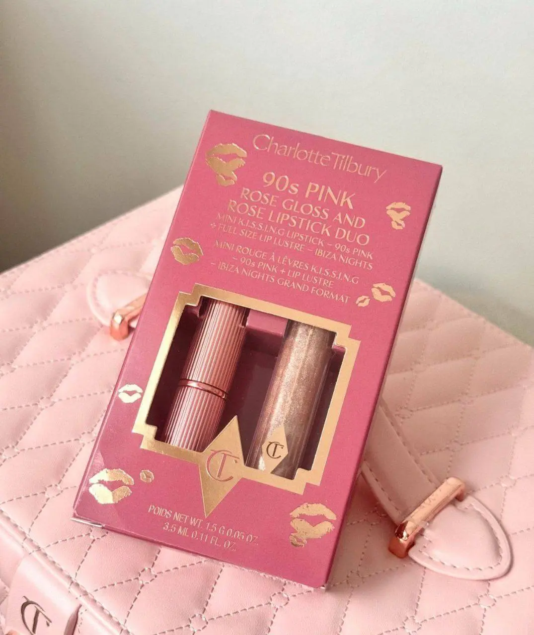 پک جذاب شارلوت تیلبری لیپ لاستر فول سایز libiza night رژلب دلوکس (1.5g) | Charlotte Tilbury 90s Pink Rose Gloss Rose Lipstick Duo