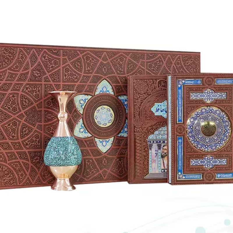 قرآن و حافظ وزیری چرم با گلدان فیروزه جعبه نفیس