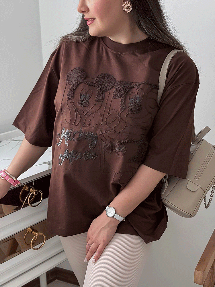 تیشرت اورسایز میکی موس دیزنی سه بعدی | تیشرت نخ پنبه فری سایز زنانه - شکلاتی