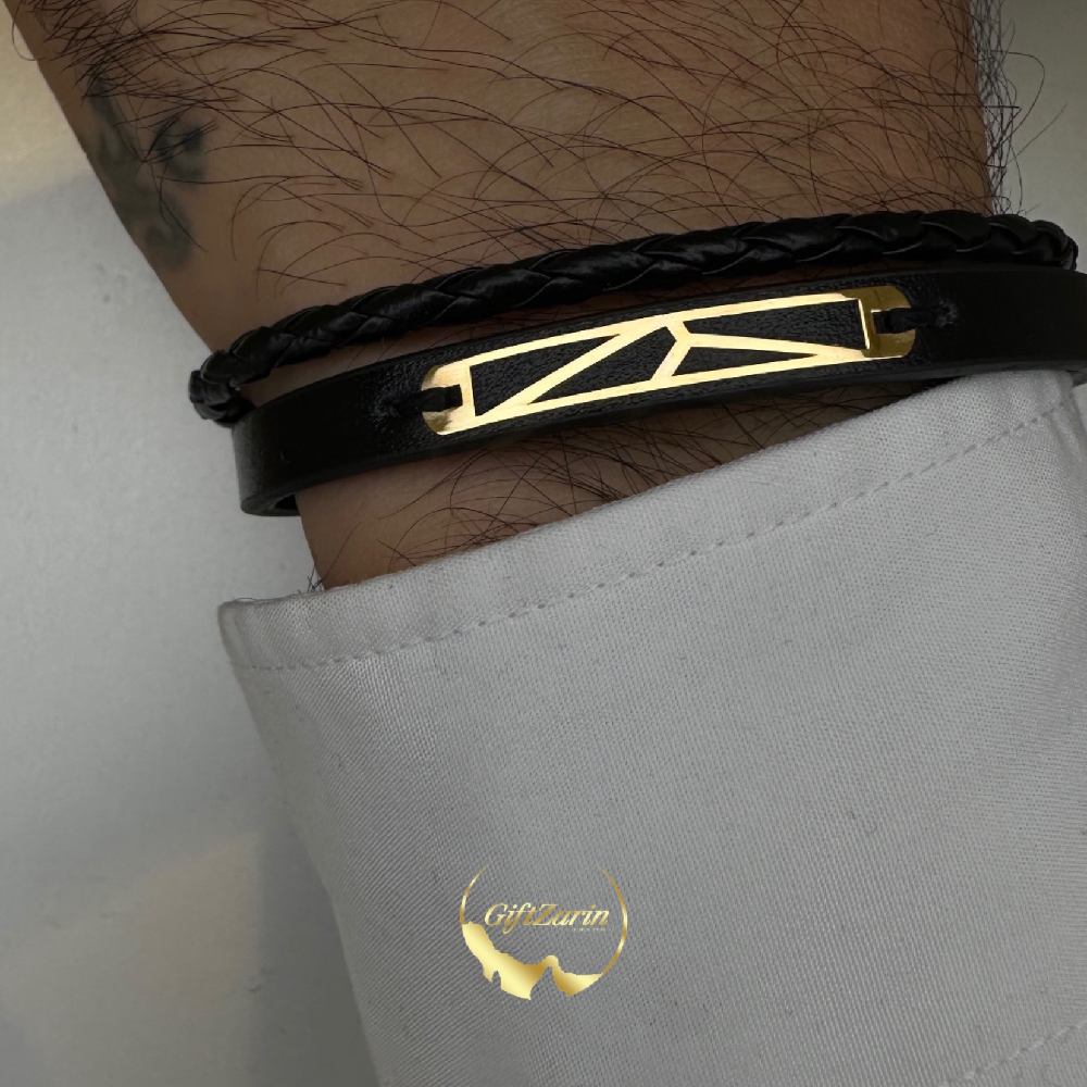 دستبند چرم و طلا مردانه M4