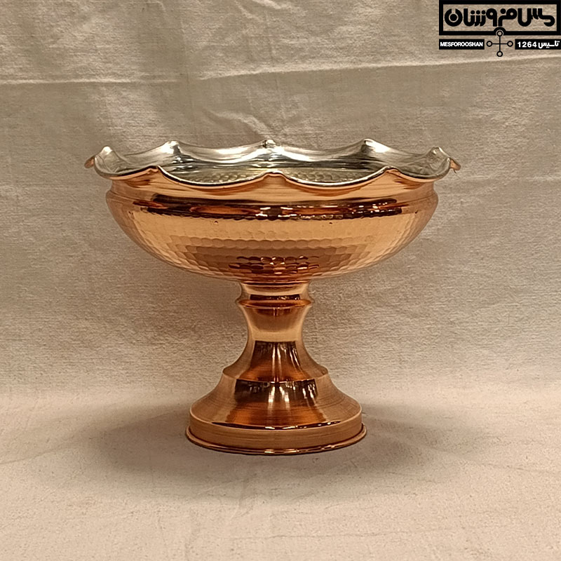 میوه خوری مسی تک پایه بلند سفیدگری قلع مدل هنری