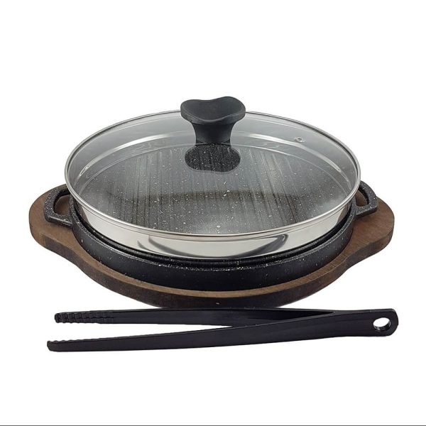 تابه گریل چدن گرد کوچک با چوب و انبر یونیک کد UN-6005