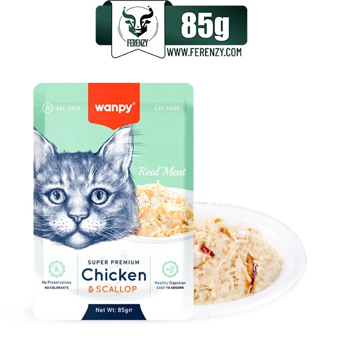 پوچ گربه ونپی طعم مرغ و اسکالوپ در ژله 85 گرم Wanpy Super Premium Chicken & Scallop