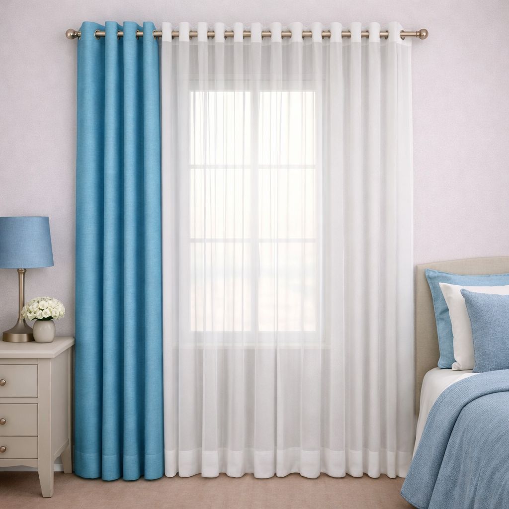 پرده آماده پانچی 1.5 متری حریر ساده با کناره کتان آبی استخری (kr-843) کد P037