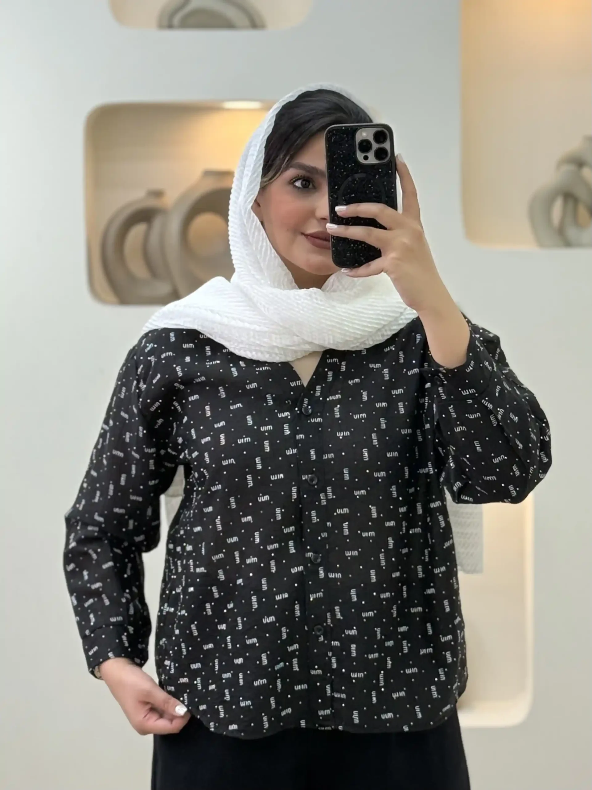 تیشرت شیشه ای نگینی آستین بلند - مشکی