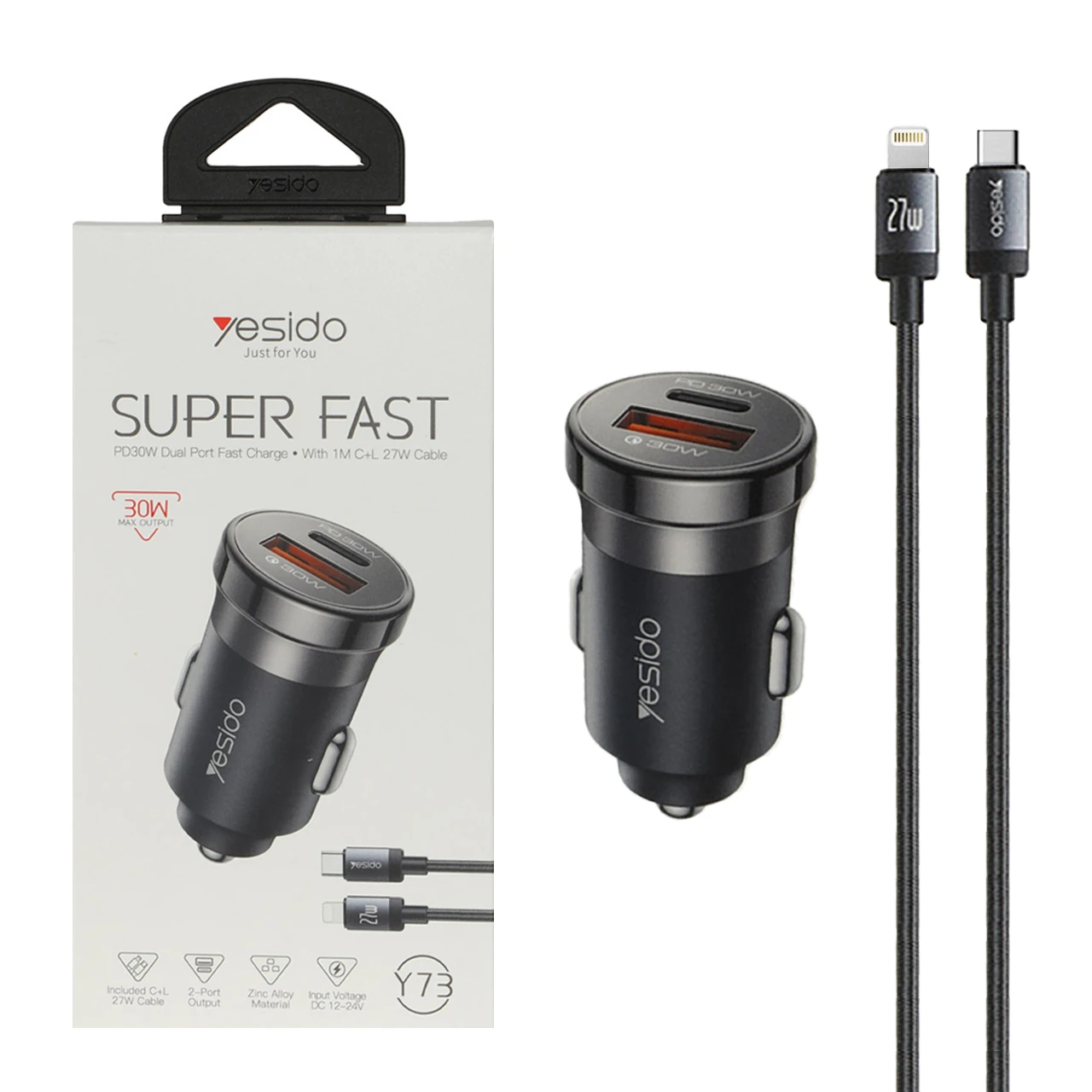 شارژر فندکی سوپر فست وPD دو پورت Yesido مدل Y73 30W به همراه کابل شارژ Type-C To Lightning - مشکی