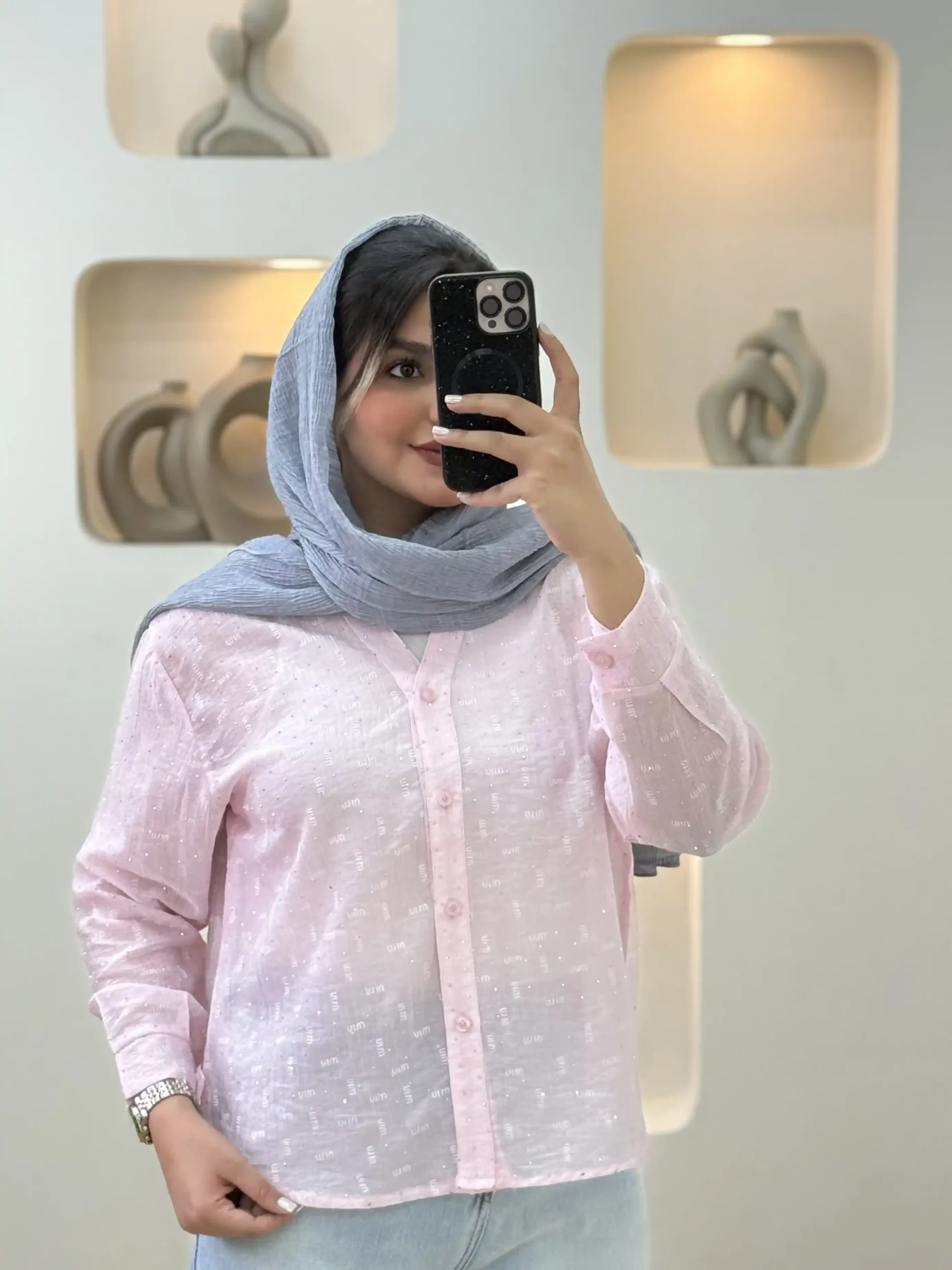 تیشرت شیشه ای نگینی آستین بلند - صورتی