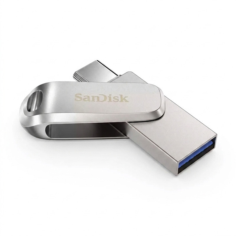 فلش مموری چرخشی 128 گیگابایتی سن دیسک مدل Ultra Dual Drive Luxe با رابط‌های USB Type-A و USB Type-C، استاندارد USB 3.2 Gen1 و بدنه فلزی - کروم