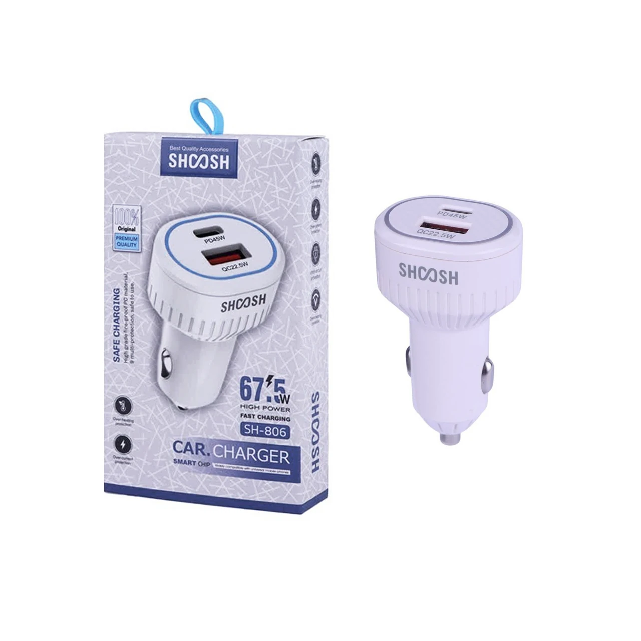 شارژر فندکی فست و PD دو پورت Shoosh مدل SH-806 67.5W - سفید - SMO