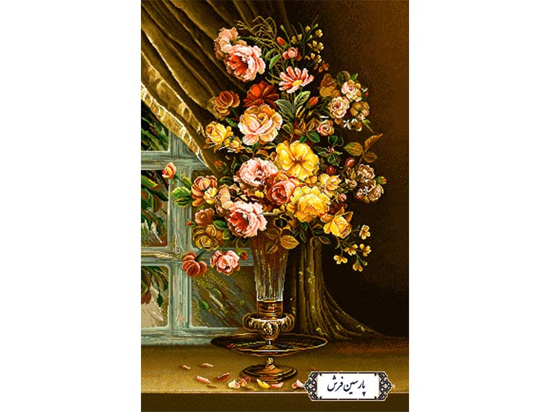 نخ و نقشه تابلو فرش گلدان رز کنار پنجره - کد NG1505
