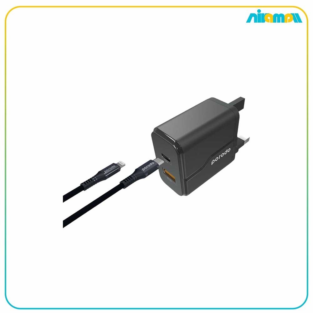 آداپتور دیواری دو پورت 20W پرودو مدل QC3.0 UK به همراه کابل Braided Type-C to Lightning به طول 1.2m