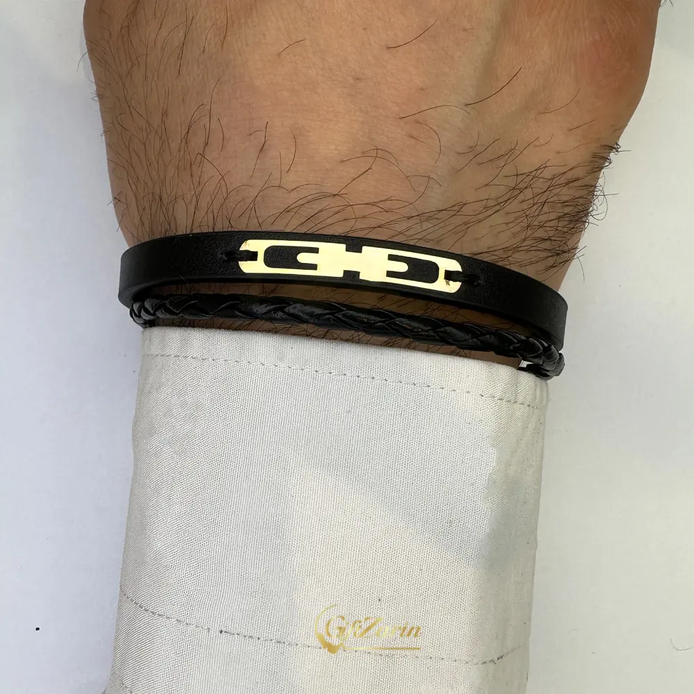 دستبند چرم و طلا مردانه M377