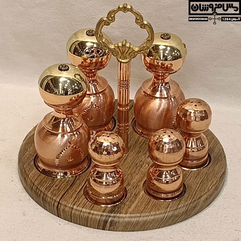 جا ادویه مسی طرحدار زنجان با رنگ ثابت | ست سماق پاش مسی و نمکدان مسی نانو | مدل سماق