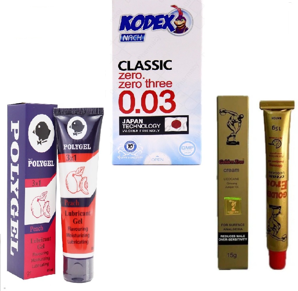 کرم تاخیری گلدن اروس + کاندوم نازک 0.3 کدکس 10 عددی + روان کننده پلی ژل