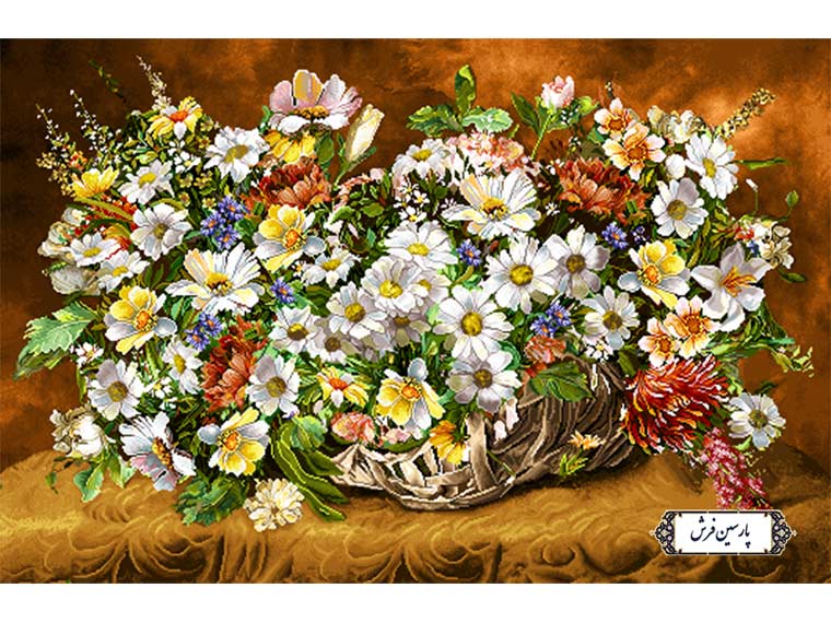 نخ و نقشه تابلو فرش گل و گلدان با گل های بابونه - کد NG1471