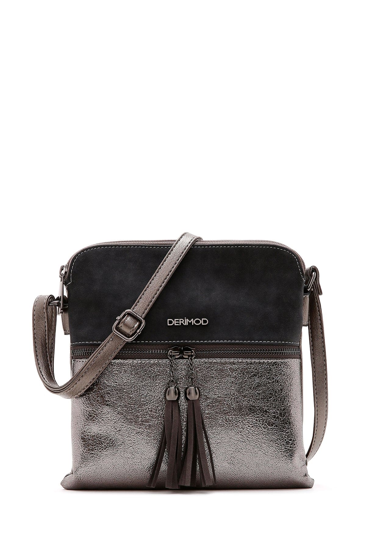 کیف کراس بادی زنانه چرم طوسی بند بلند با جزئیات اکسسوری دری مد