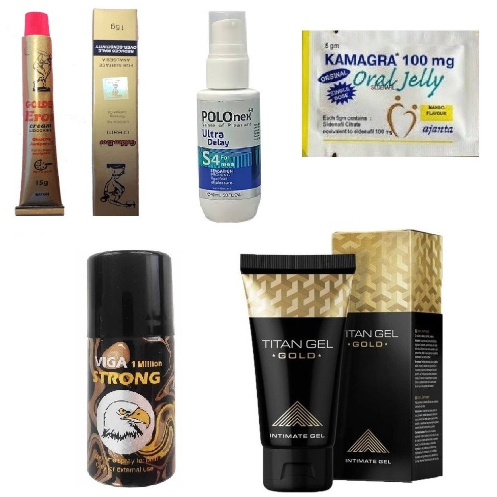 پکیج زناشویی 2 ( اسپری تاخیری ویگا 1 ملیون + کرم تاخیری پلونکس (پولونکس) + کرم تاخیری ارورس ایروس گلدن + 1 ساشه ژل خوراکی تقویت نعوظ و محرک آقایان کاماگرا + ژل حجم دهنده تیتان گلد )