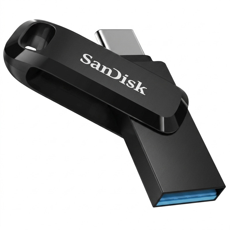 فلش مموری دو رابط سن دیسک مدل Ultra Dual Drive Go ظرفیت 128 گیگابایت با USB 3.2 Gen1، طراحی چرخشی، بدنه فلزی، سازگار با گوشی، تبلت، کامپیوتر و تلویزیون - مشکی مات