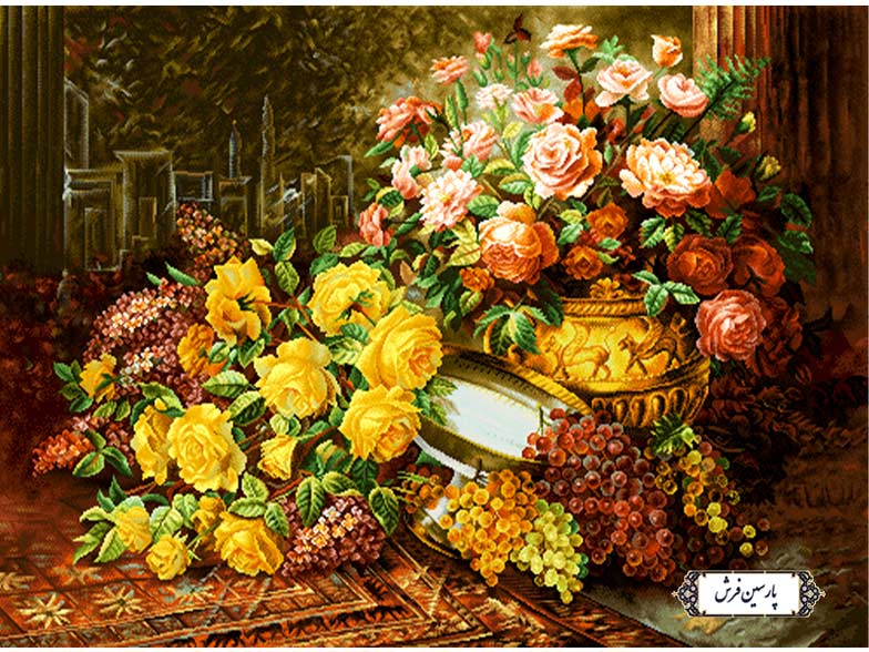 نخ و نقشه تابلو فرش گل رز و میوه انگور - کد NG1485