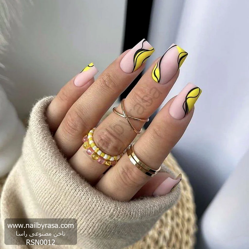 ناخن مصنوعی طرح فرنچ انتزاعی و موج‌دار زرد مات مربعی بلند راسا - RSN0012