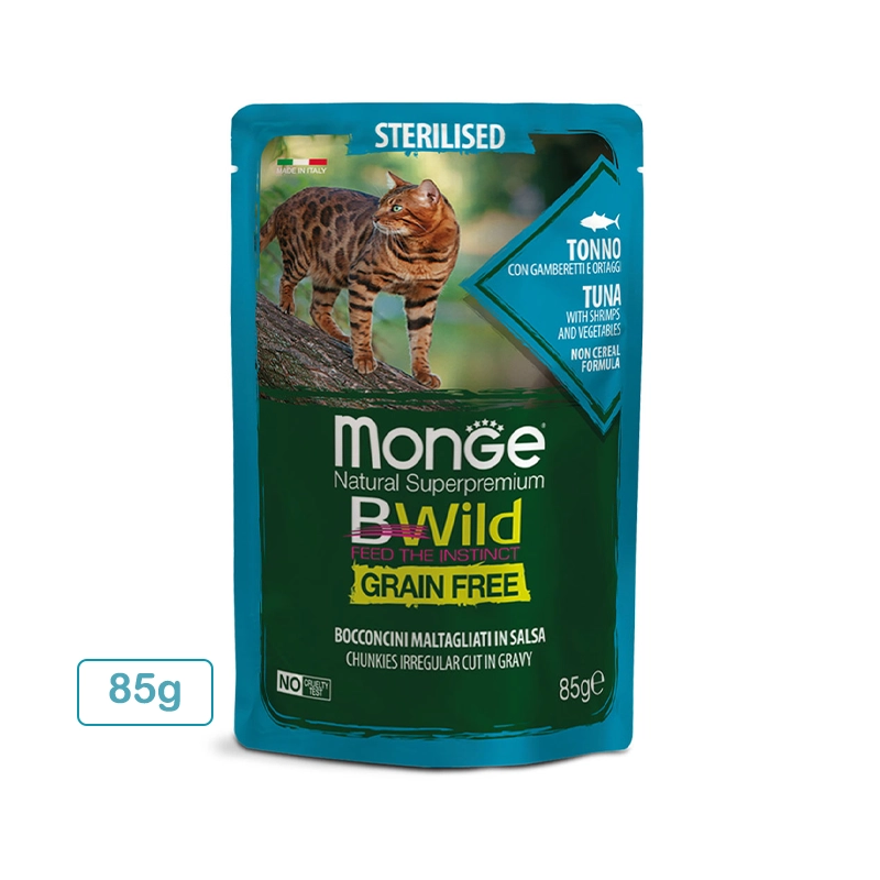 پوچ گربه بدون غلات مدل Monge BWild Grain Free Sterilised Cat – Tuna &amp; Shrimps Chunkies با تکه‌ های تون ماهی و میگو وزن 85 گرم