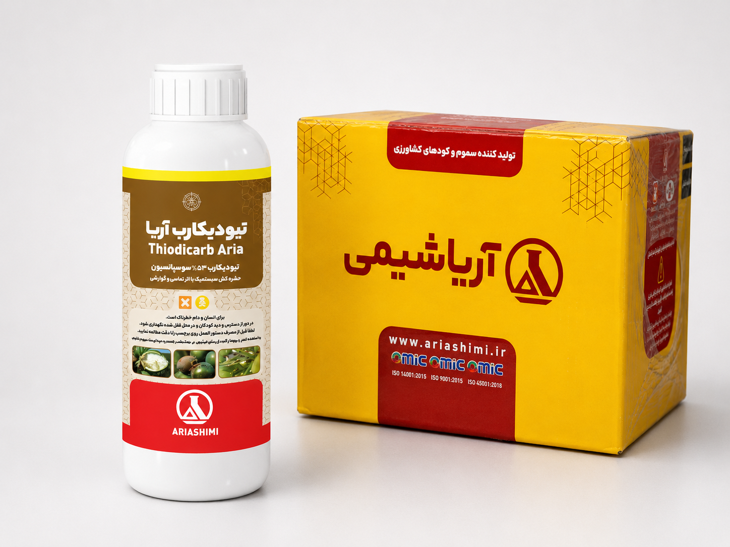 حشره‌کش تئودیکارب آریاشیمی ۵۳٪ SC ۱ لیتری (فروش عمده - کارتن ۱۲ عددی)