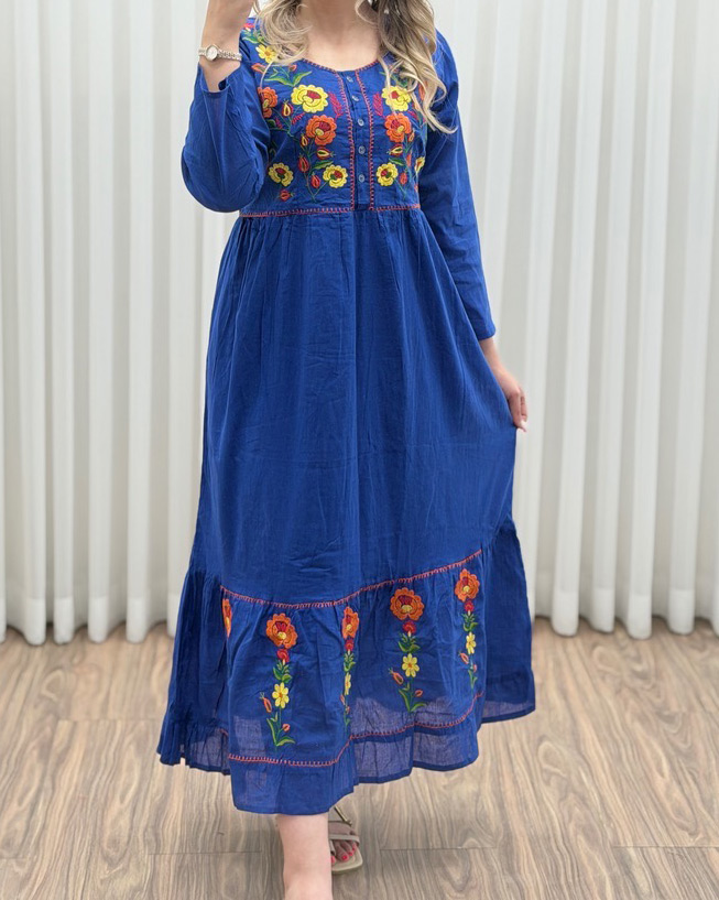 پیراهن گلدوزی هندی بلند SH7581 - آبی