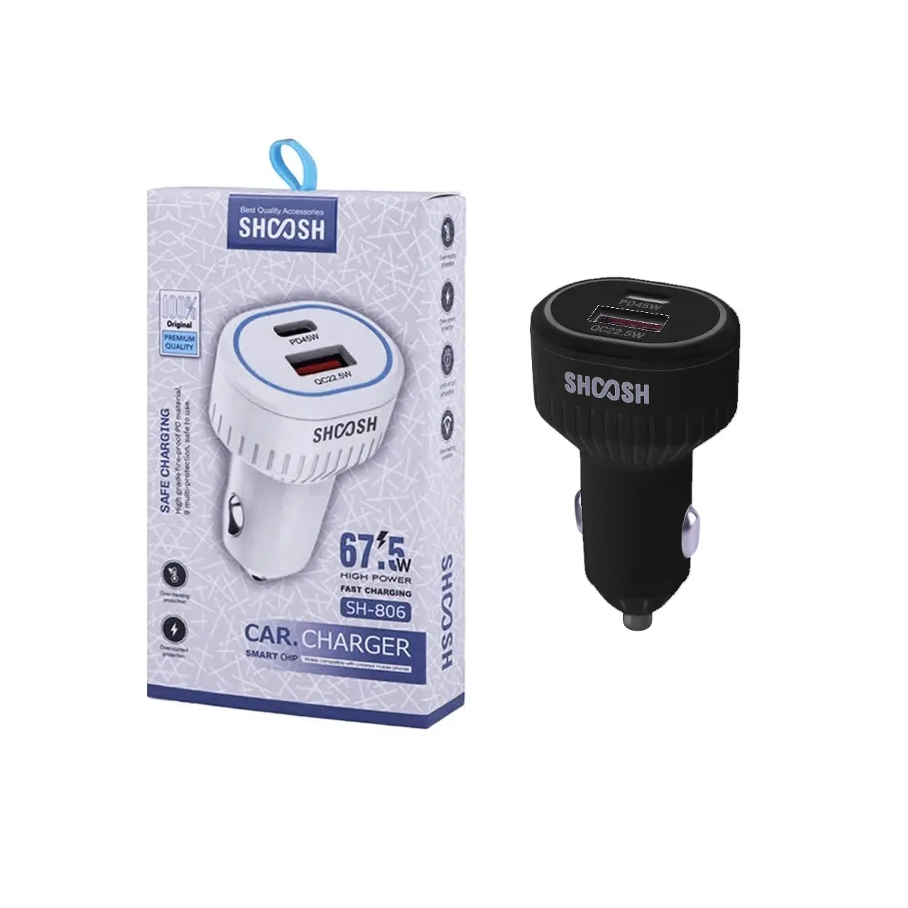 شارژر فندکی فست و PD دو پورت Shoosh مدل SH-806 67.5W - مشکی - SMO