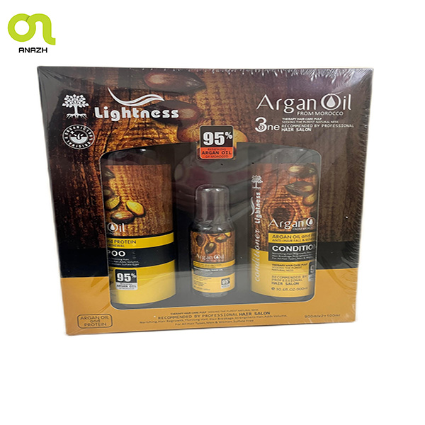 پک 3 عددی مراقبت مو آرگان(شامپو-نرم کننده-روغن) بدون سولفات لایتنس Lightness حاوی روغن آرگان(دارای ضمانت اصالت کالا می باشد)(جنس درجه 2 پاکستانی نیست)-اناژ