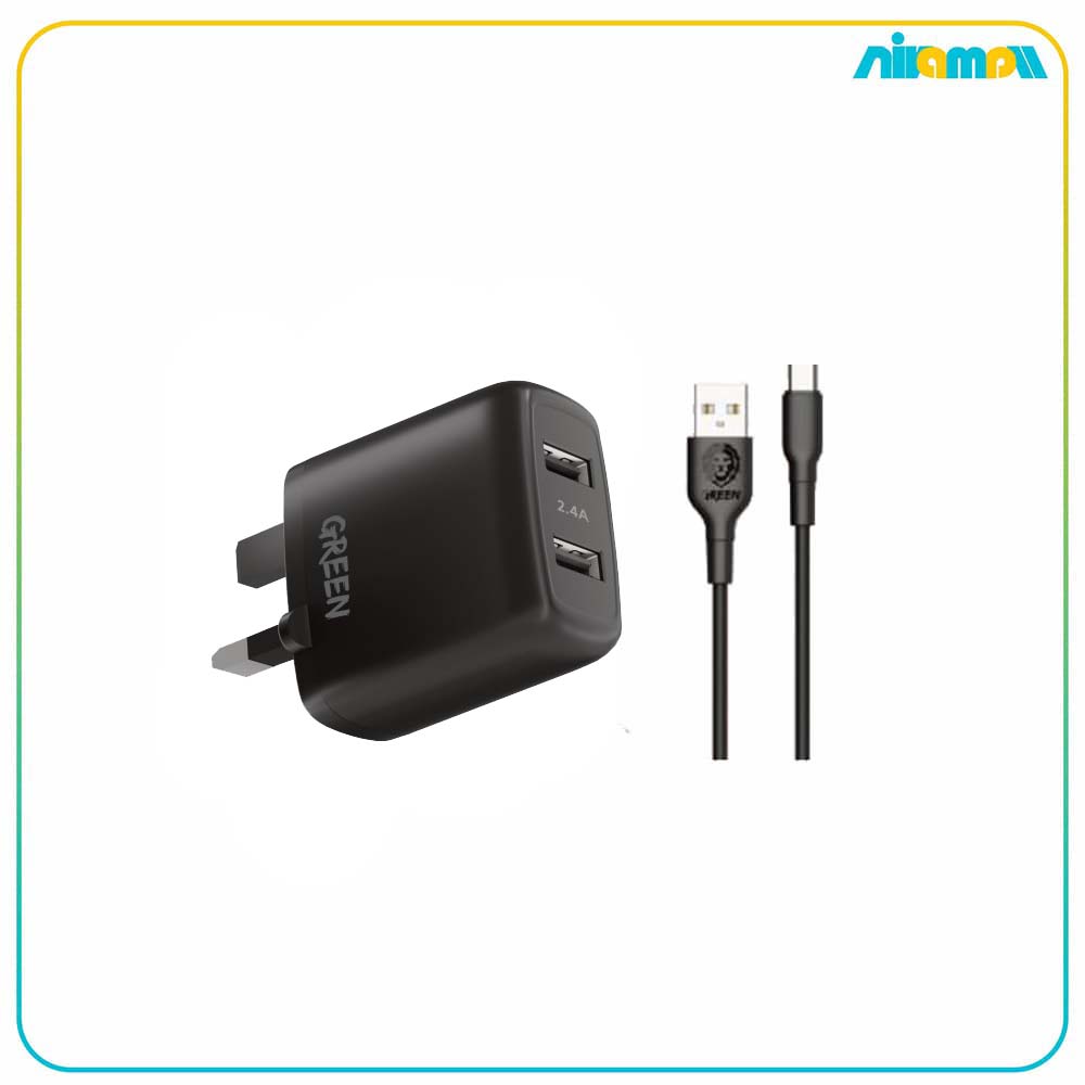 شارژر دیواری گرین لاین دو پورت 12 واتی به همراه کابل PVC تایپ سی به طول 1.2 متر