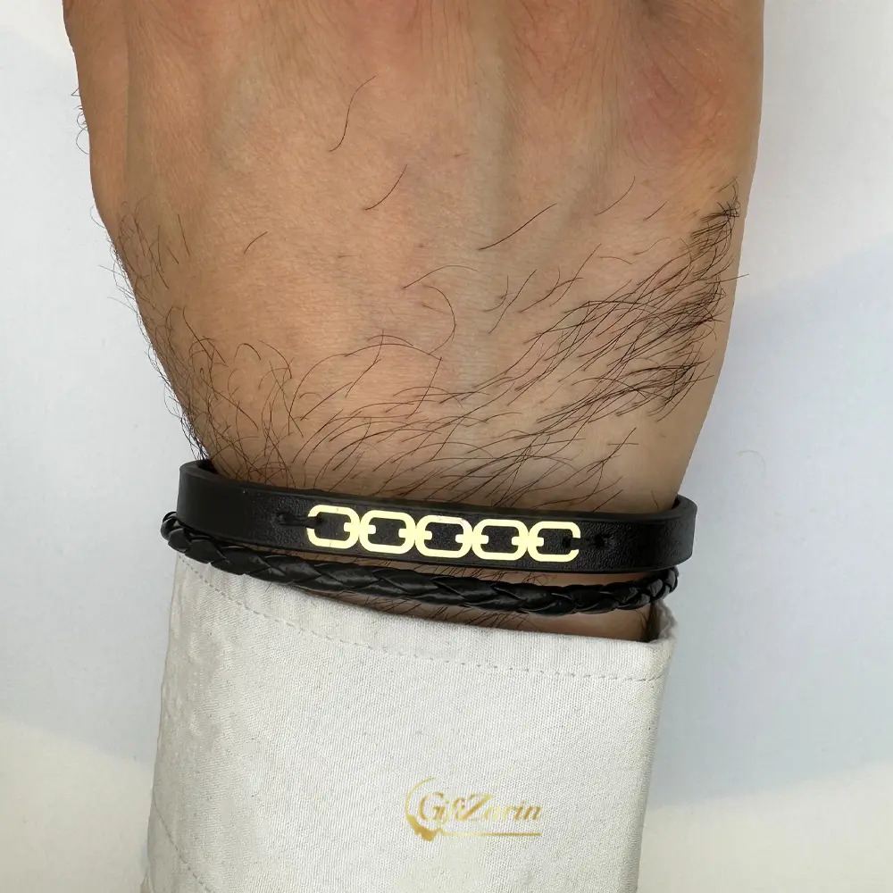 دستبند چرم و طلا مردانه M382